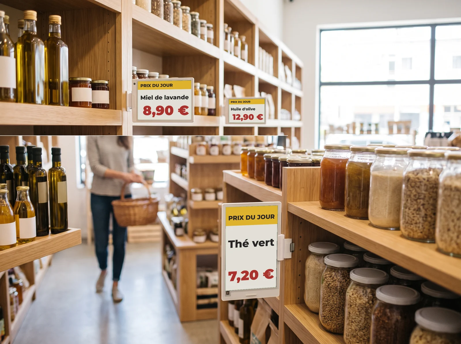 Rayon où des étiquettes à encre numérique affichent le prix du jour