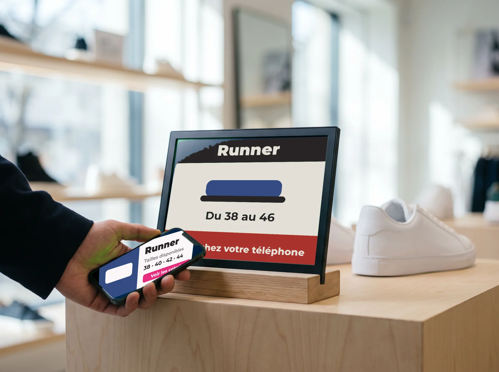 Visiteur qui approche son smartphone d'un écran e-paper « Runner » dans un showroom de baskets : la fiche du modèle s'ouvre sur le téléphone