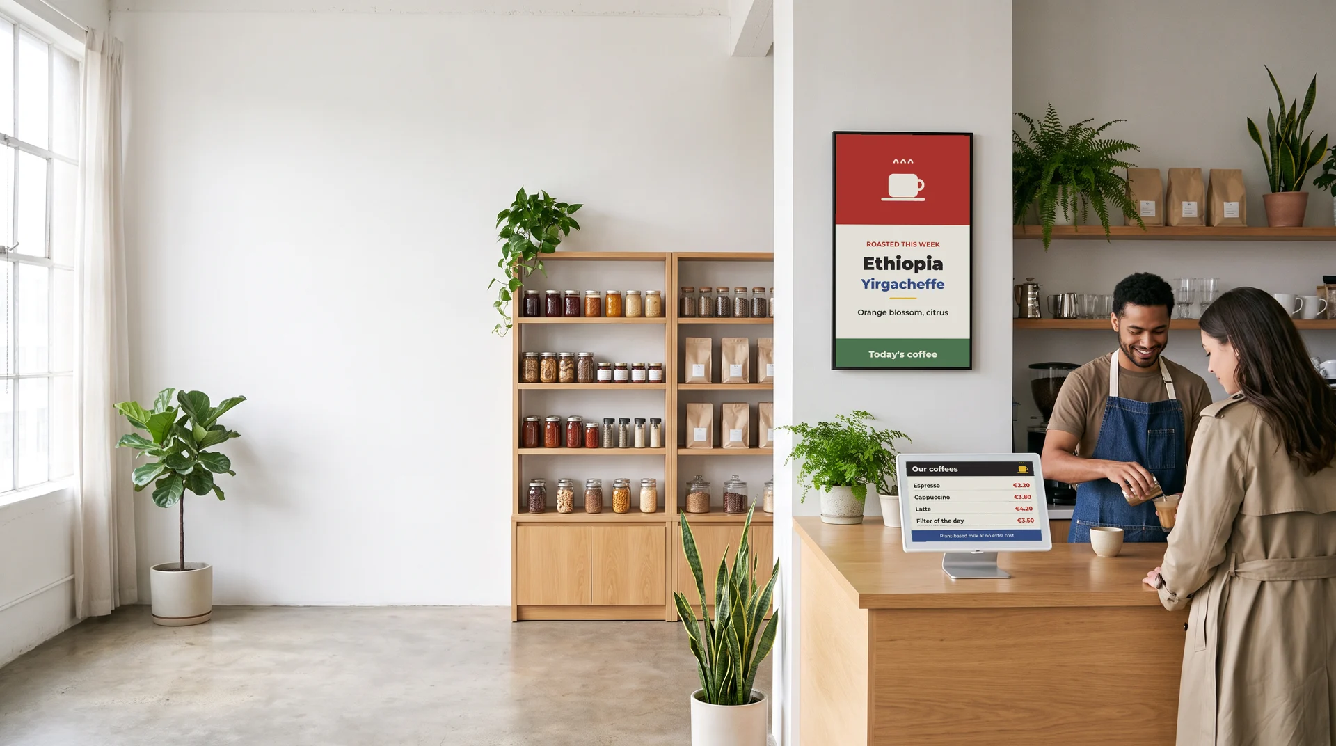Company café: digital-ink poster on the wall and an e-paper label on the counter