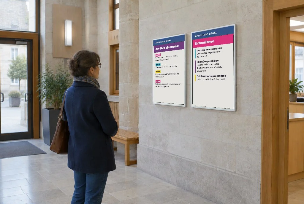 Deux panneaux e-paper d'affichage légal dans le hall d'une mairie, consultés par une administrée : arrêtés, urbanisme