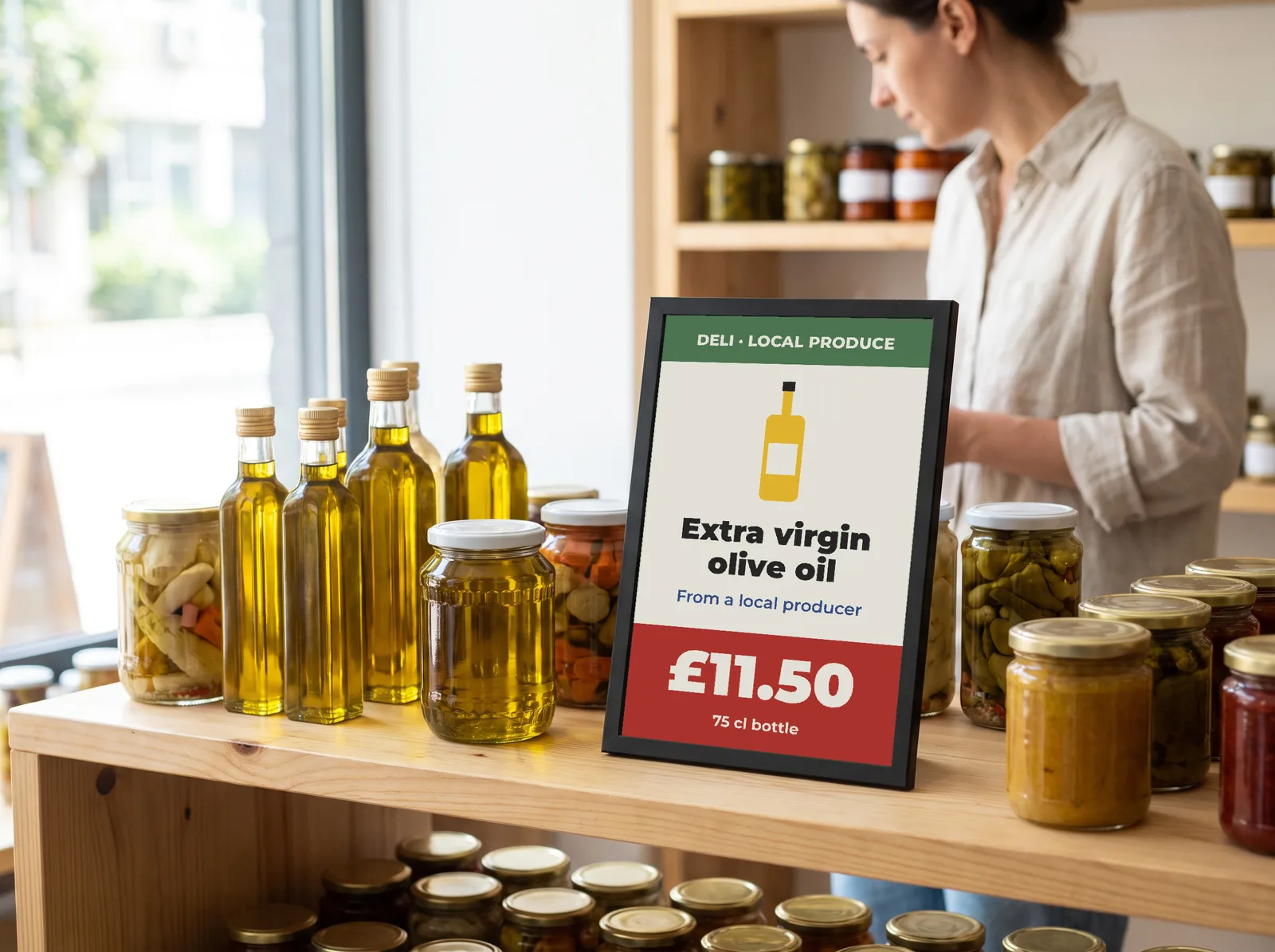 E-paper shelf sign in a delicatessen: extra virgin olive oil from a local producer, £11.50