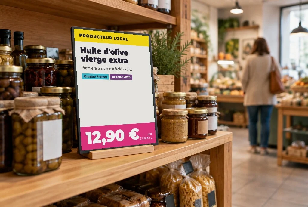 Affiche de rayon e-paper dans une épicerie fine : huile d'olive vierge extra, producteur local, 12,90 €