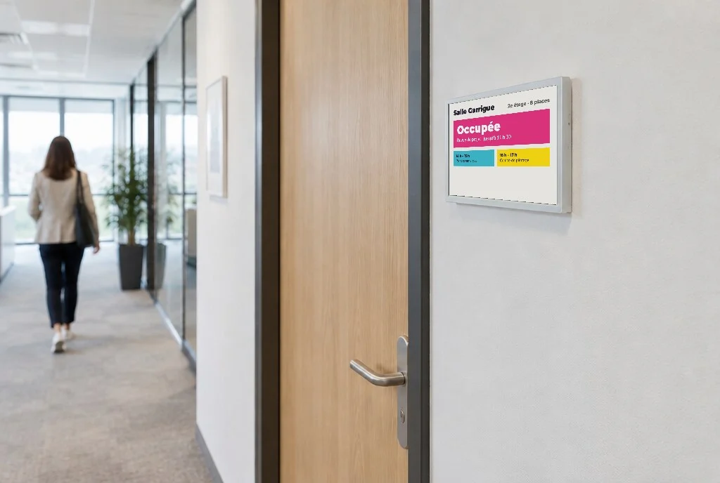 Affichette e-paper à côté d'une porte de salle de réunion, « Salle Garrigue · Occupée », dans un couloir de bureaux