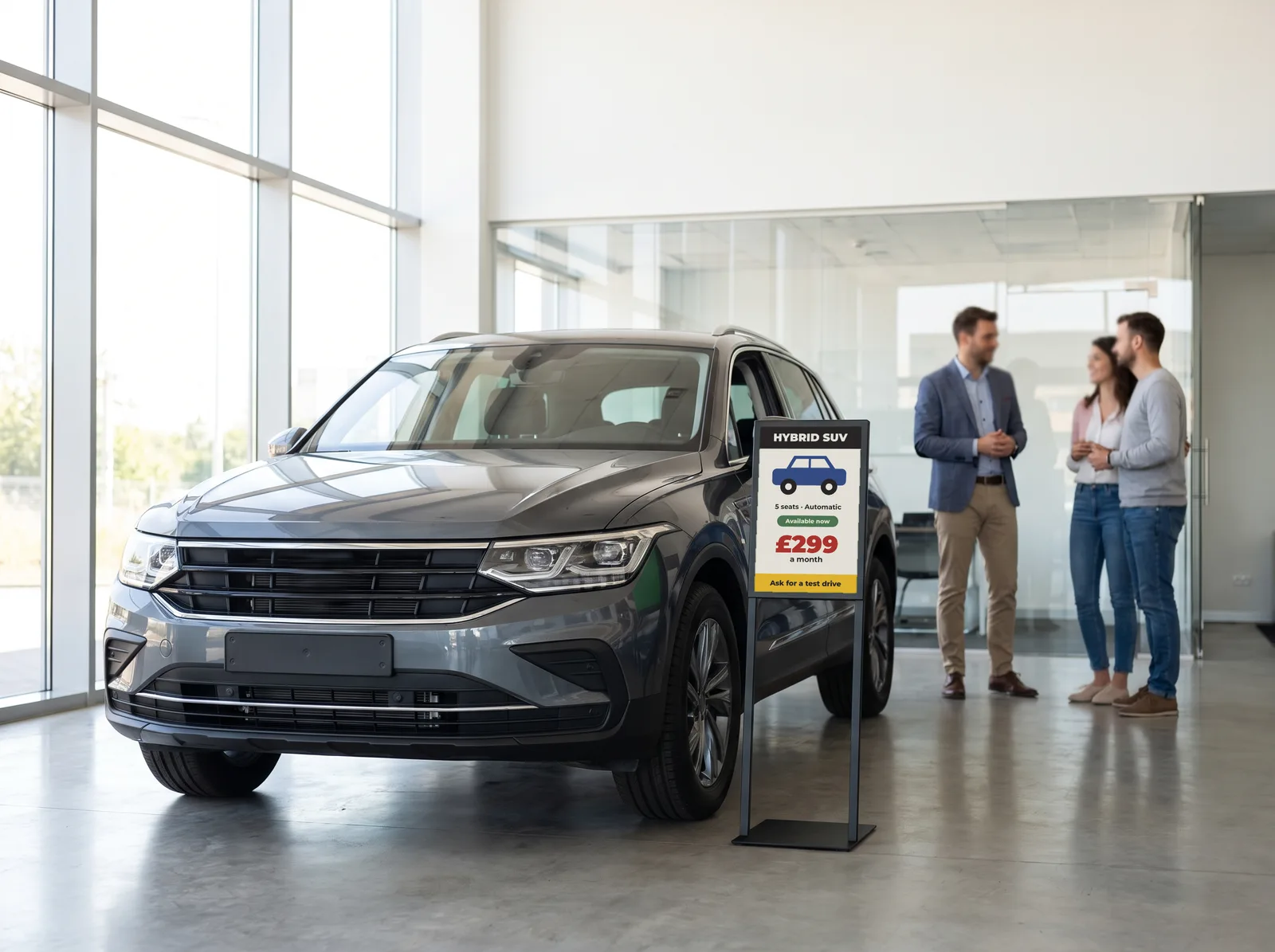 E-paper vehicle sheet on a stand next to an SUV in a car showroom, monthly price displayed