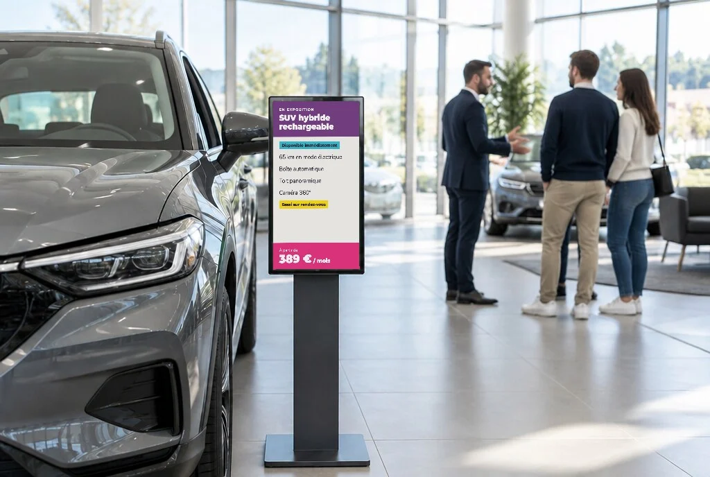 Fiche véhicule e-paper sur pied à côté d'un SUV dans un showroom automobile, tarif mensuel affiché