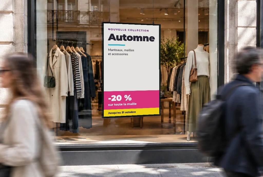 Affiche e-paper « Nouvelle collection · Automne · -20 % sur toute la maille » dans la vitrine d'une boutique de prêt-à-porter