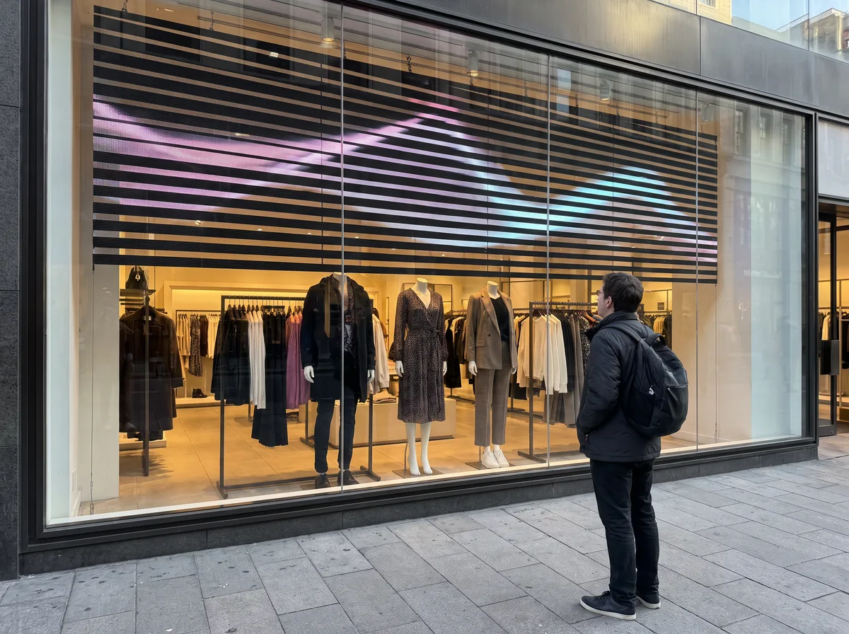 Vitrine de mode : la dalle transparente allumée en haut du vitrage, les mannequins visibles au travers