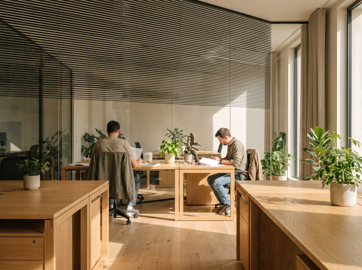 Bureau derrière une façade vitrée équipée de réglettes : la lumière du jour entre largement entre les barres