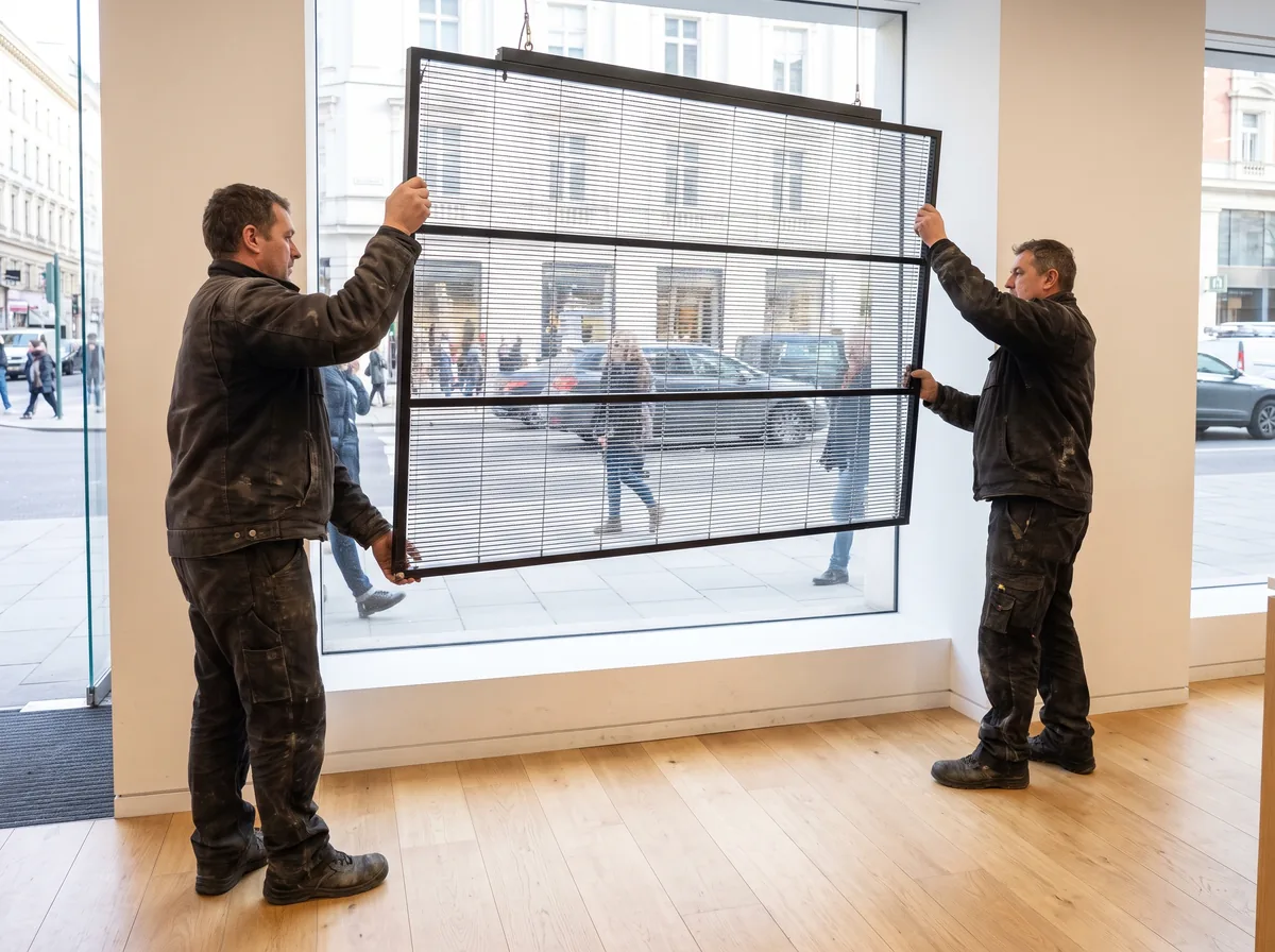 Deux poseurs portent à la main un module de réglettes léger et le présentent contre la vitrine existante