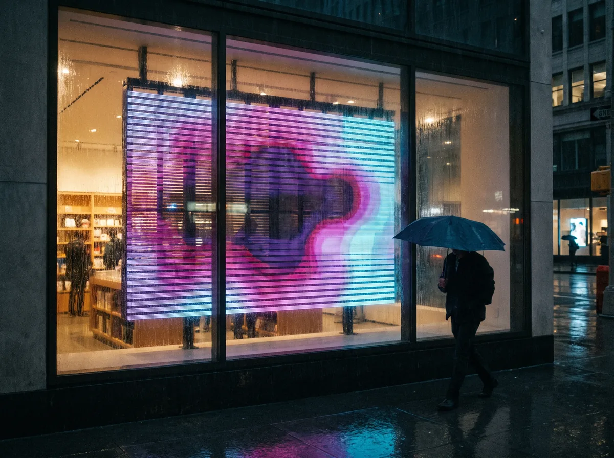 Vitrine sous la pluie au crépuscule : la dalle allumée reste au sec, côté intérieur du vitrage