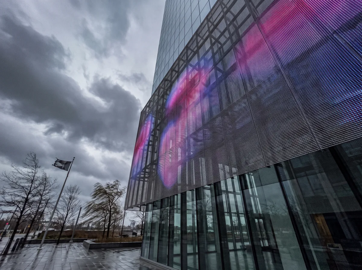 Maille LED à larges ajours en hauteur sur une façade, le ciel visible au travers, les arbres courbés par le vent