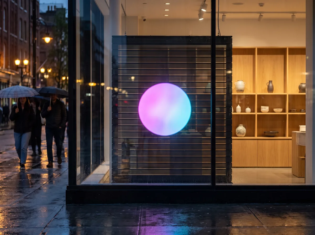 Vitrine le soir : une seule forme allumée, le reste des réglettes éteint et traversant