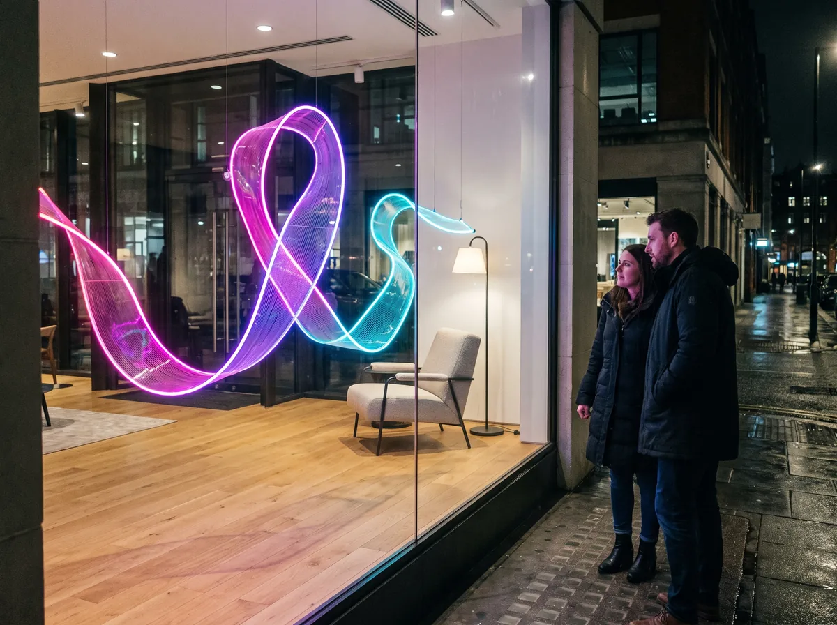 Showroom de nuit : une forme lumineuse semble flotter dans le verre, sans cadre visible