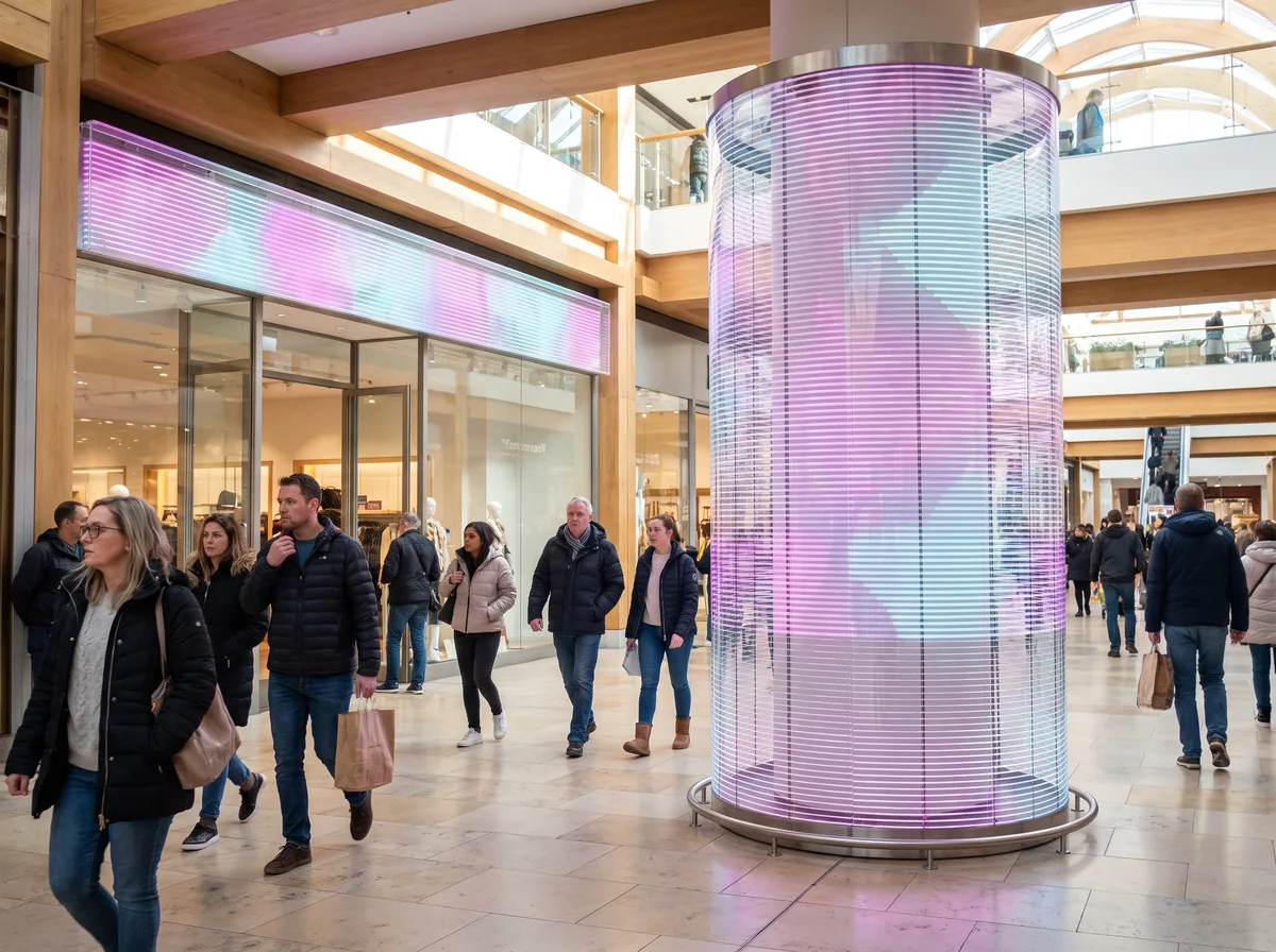 Galerie marchande : dalle transparente enroulée autour d'une colonne et long bandeau au-dessus d'une vitrine