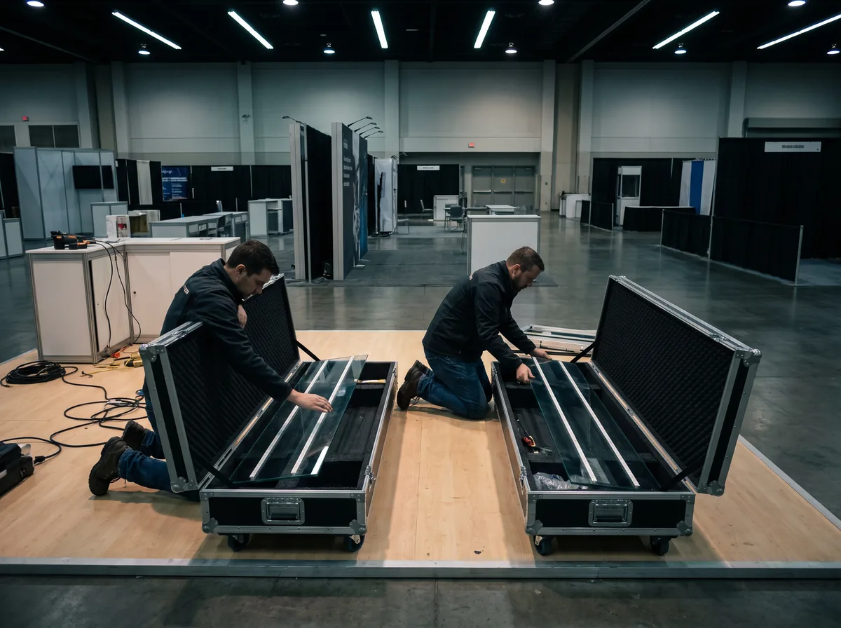 Fin de salon : deux techniciens rangent les modules de réglettes dans des caisses de transport