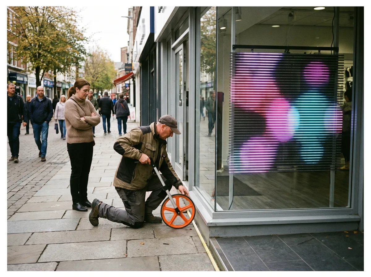 Sur le trottoir, un installateur mesure à la roue la distance de lecture devant la vitrine