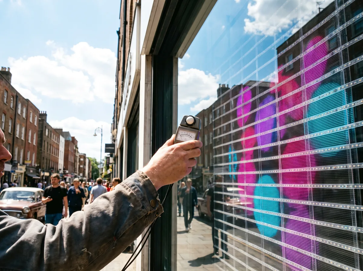 Vitrine plein sud en plein soleil, reflet du ciel sur le verre, un technicien mesure la lumière