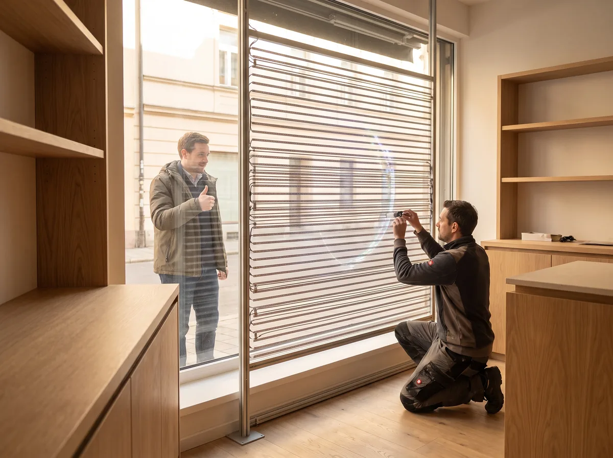 Vu de l'intérieur : un installateur vérifie le dos de la dalle, son collègue approuve depuis le trottoir
