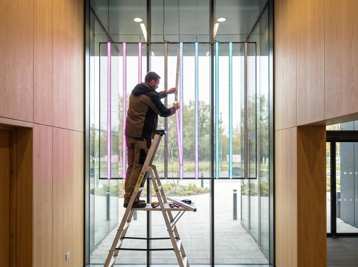 Technicien sur un escabeau qui remplace une seule réglette d'une grande dalle dans un hall vitré