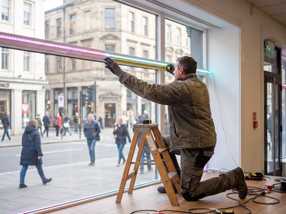 Technicien qui mesure au mètre ruban la largeur d'un long bandeau transparent au-dessus de la vitrine