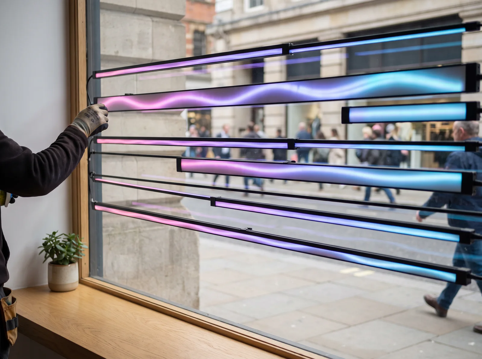 Technicien qui clipse des réglettes LED allumées sur l'intérieur d'une vitrine, la rue visible entre les barres