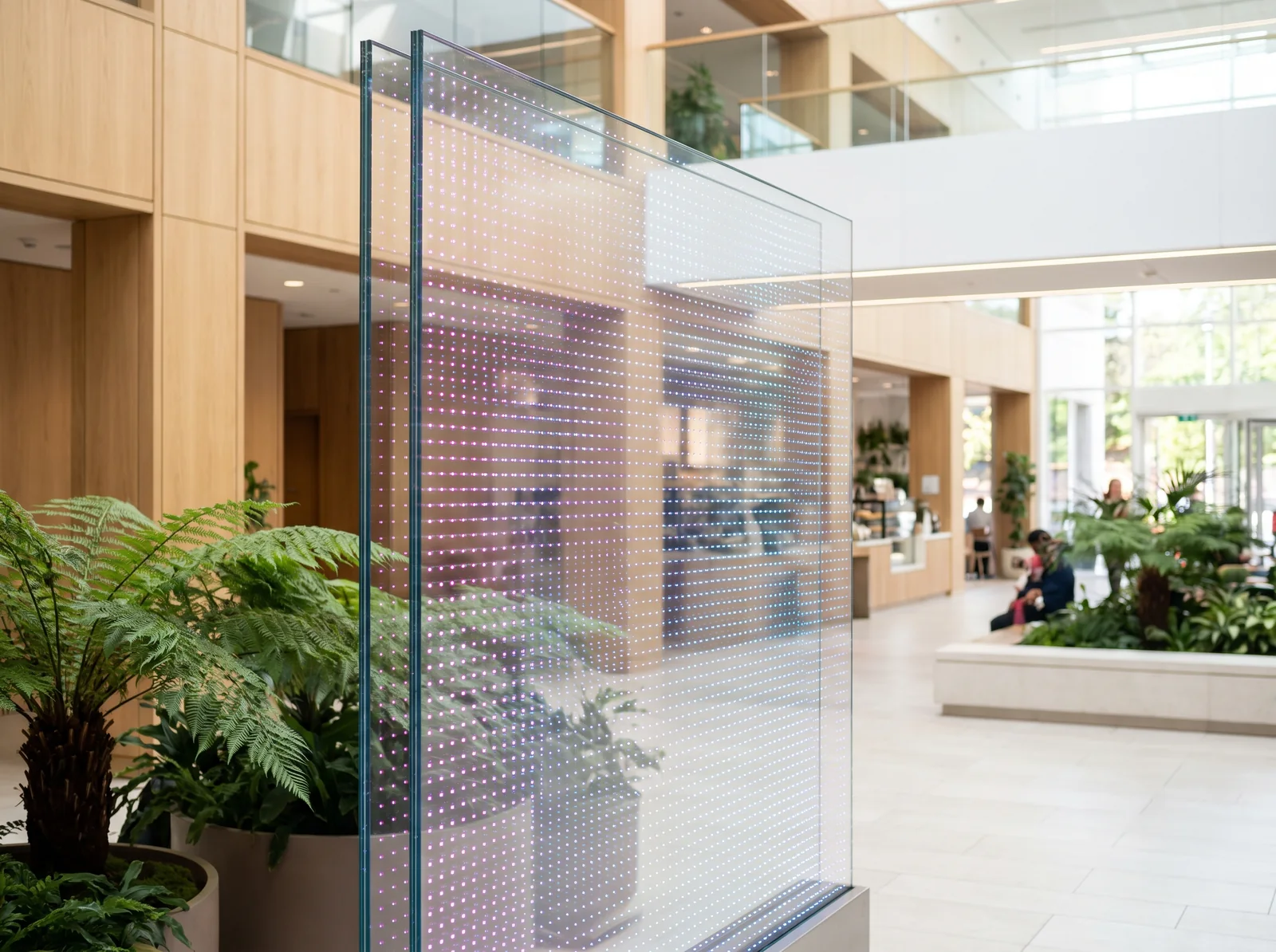 Vitrage LED dans un atrium : les diodes sont intégrées dans le verre, le hall reste visible au travers