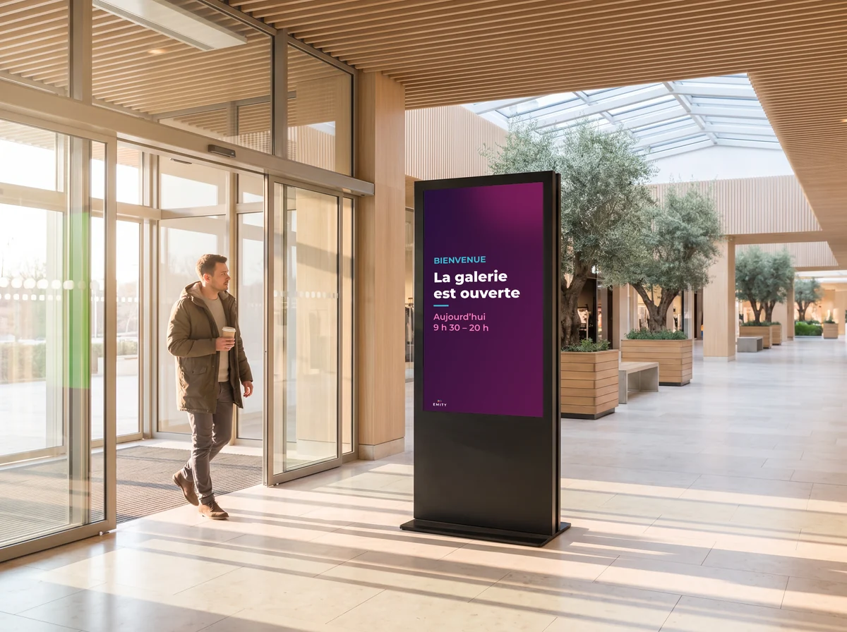 Entrée d'une galerie commerciale le matin : un client passe devant le totem qui annonce « La galerie est ouverte, aujourd'hui 9 h 30 – 20 h »