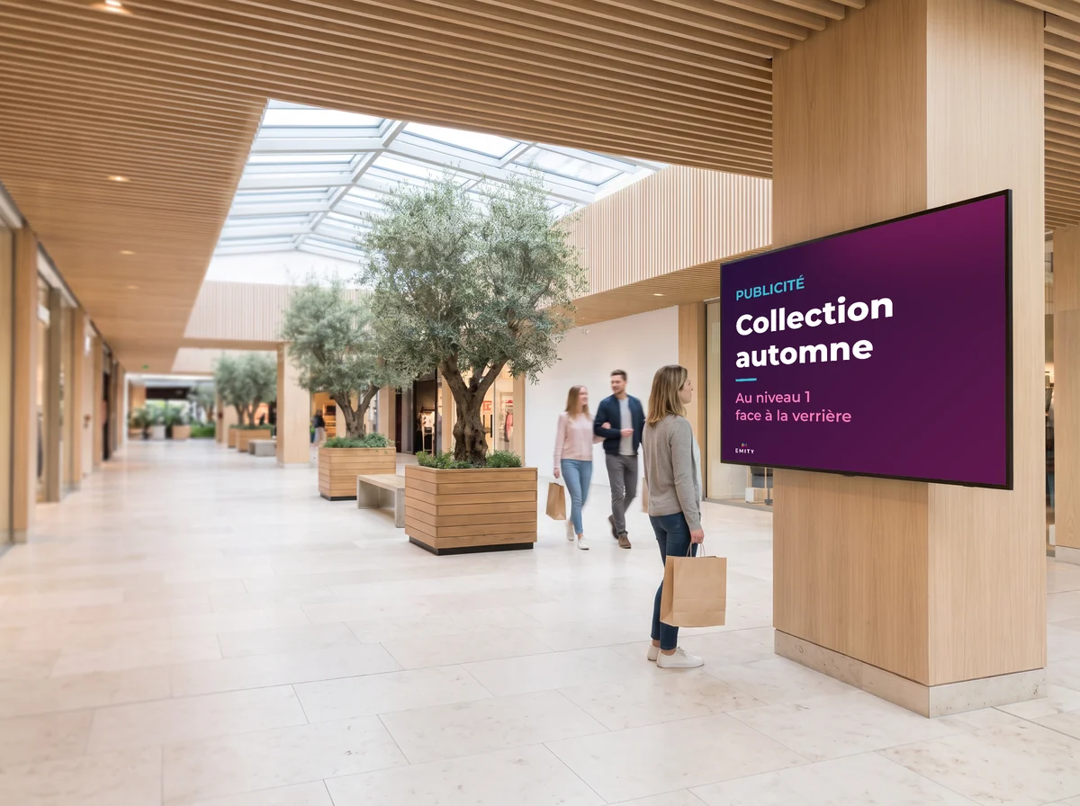 Allée de la galerie : une cliente se retourne vers l'écran mural qui diffuse la publicité « Collection automne, au niveau 1 face à la verrière »