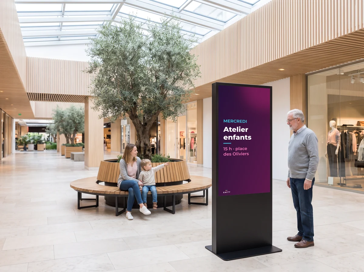 Place centrale de la galerie : un enfant montre le totem qui annonce « Mercredi, atelier enfants, 15 h place des Oliviers »
