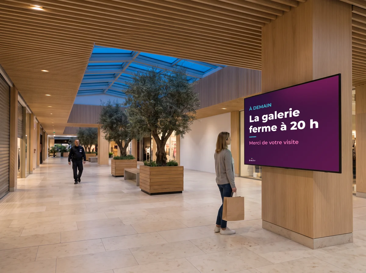 Galerie au crépuscule : une dernière cliente passe devant l'écran « À demain, la galerie ferme à 20 h, merci de votre visite »
