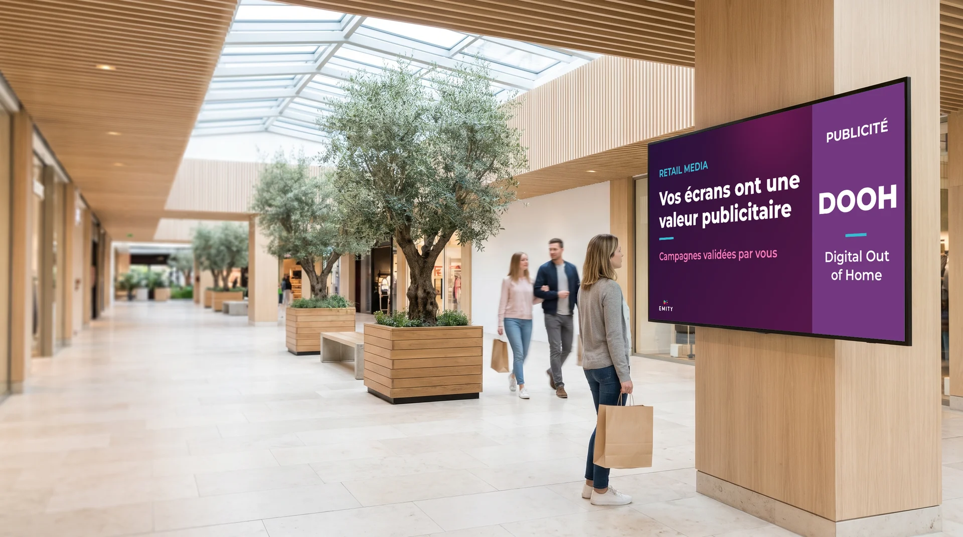 Galerie commerciale : une cliente regarde l'écran mural « Retail media, vos écrans ont une valeur publicitaire, campagnes validées par vous »