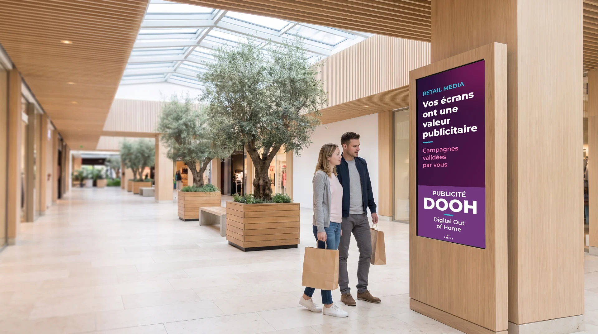 Galerie commerciale : un couple s'arrête devant un totem en chêne qui diffuse « Retail media, vos écrans ont une valeur publicitaire »