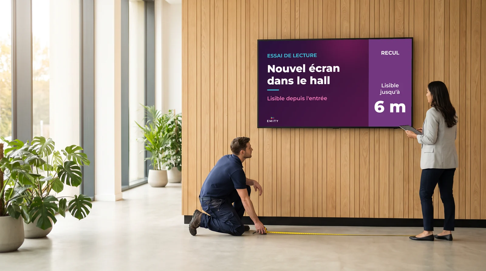 Technicien qui mesure au mètre ruban le recul devant un écran mural, pendant qu'une collègue vérifie sur l'écran « Lisible jusqu'à 6 m »