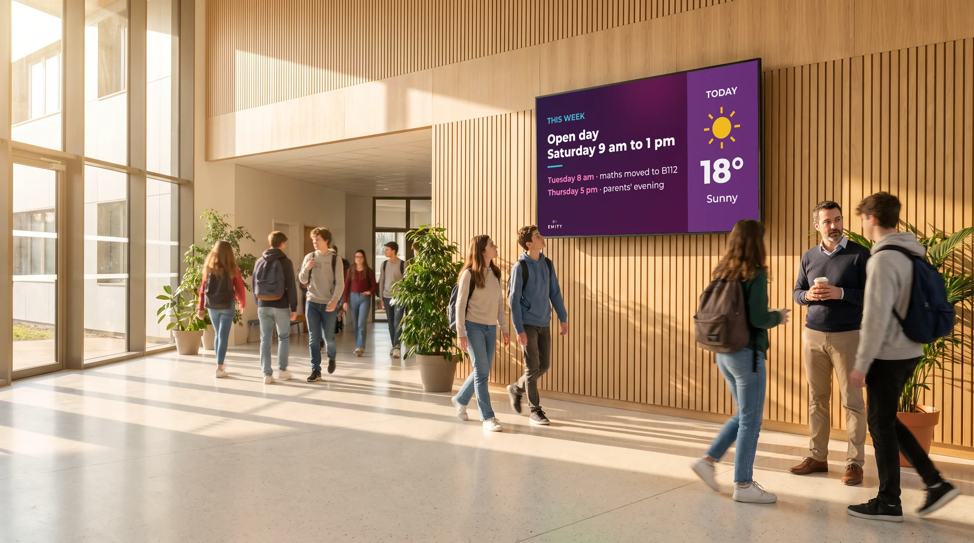 Sunlit secondary school hall in light wood: pupils walk past the wall screen announcing Saturday’s open day and today’s weather