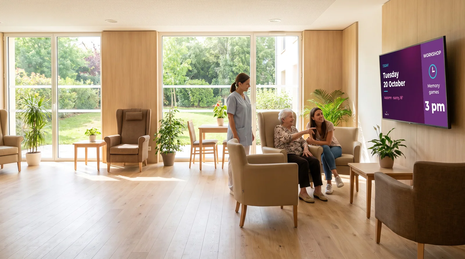Care home lounge opening onto the garden: a resident and her granddaughter, a carer, and the screen giving today's date, the season and the 3 pm memory games