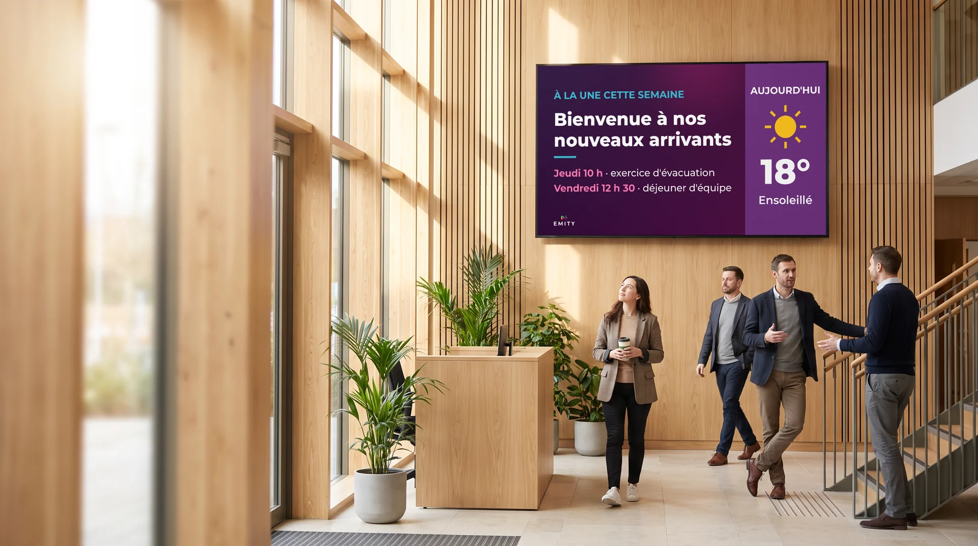 Hall d'entreprise en bois clair : écran mural qui souhaite la bienvenue aux nouveaux arrivants