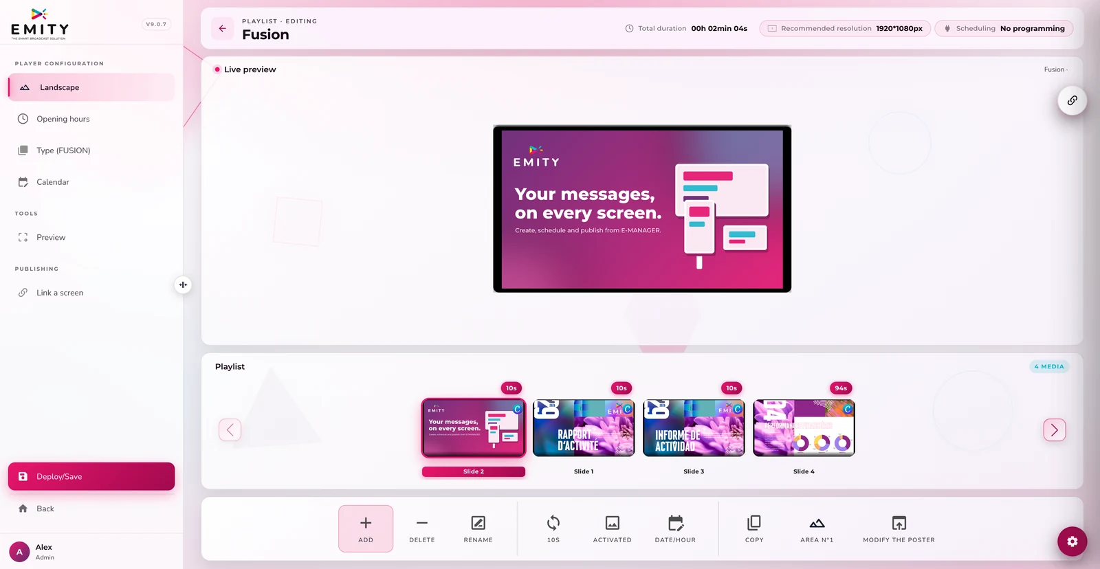 E-MANAGER interface: playlist, live preview of the poster and the slides
