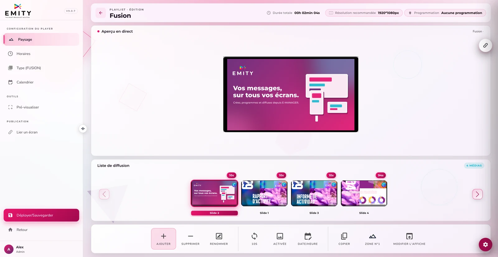 Interface E-MANAGER : liste de diffusion « Fusion », aperçu en direct de l'affiche et slides de la playlist