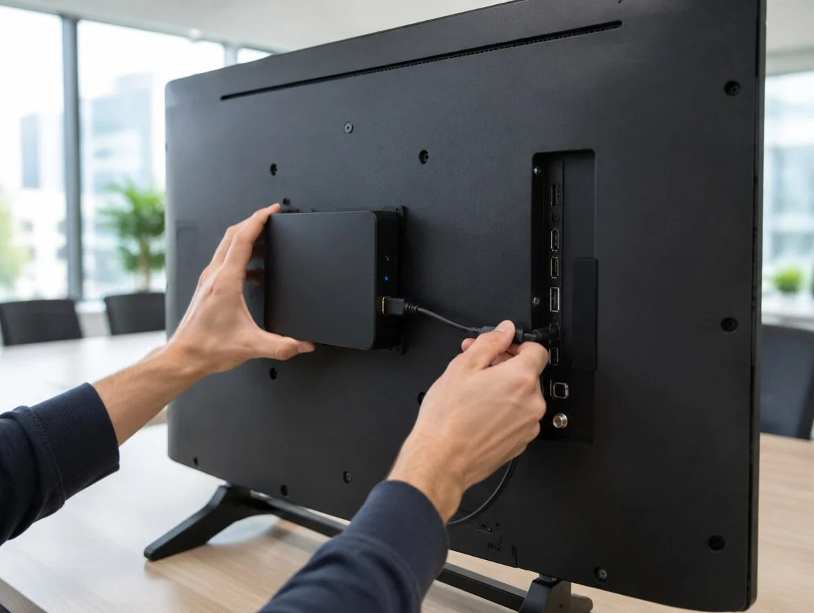 Mains qui branchent le câble du lecteur E-BOX fixé au dos d'un écran