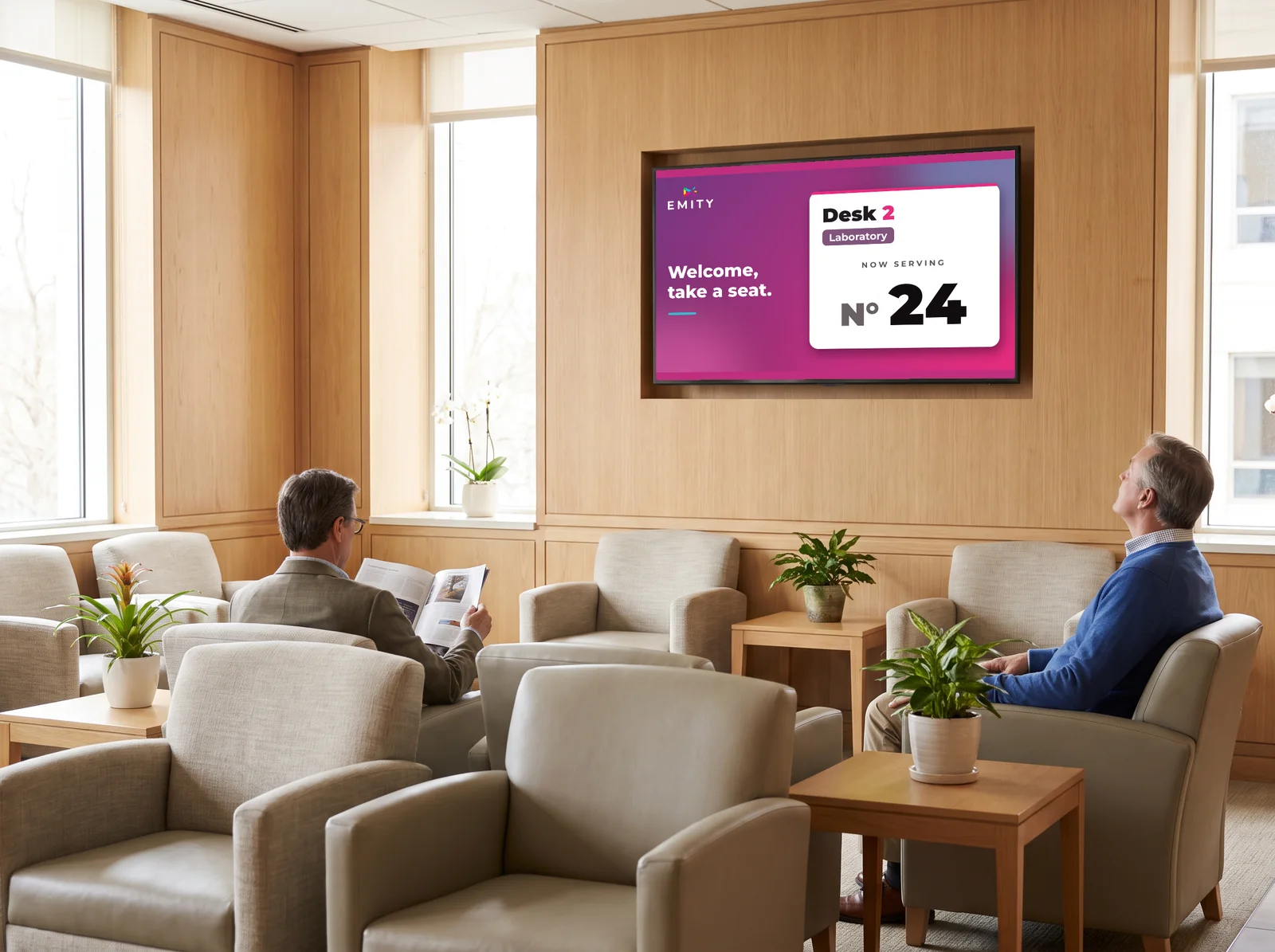 Medical centre waiting room: the wall screen calls ticket No. 24 to desk 2