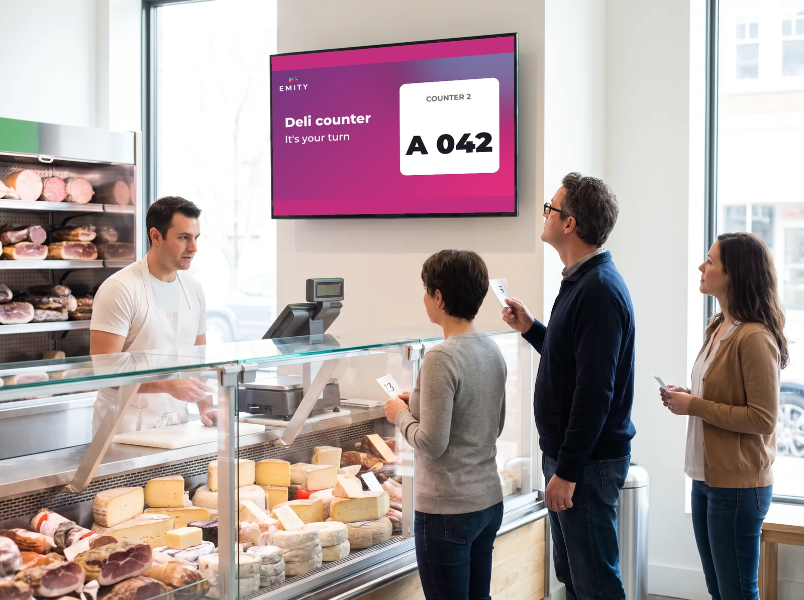 Supermarket deli counter: the screen above shows “It's your turn, A 042, counter 2” while a customer is served