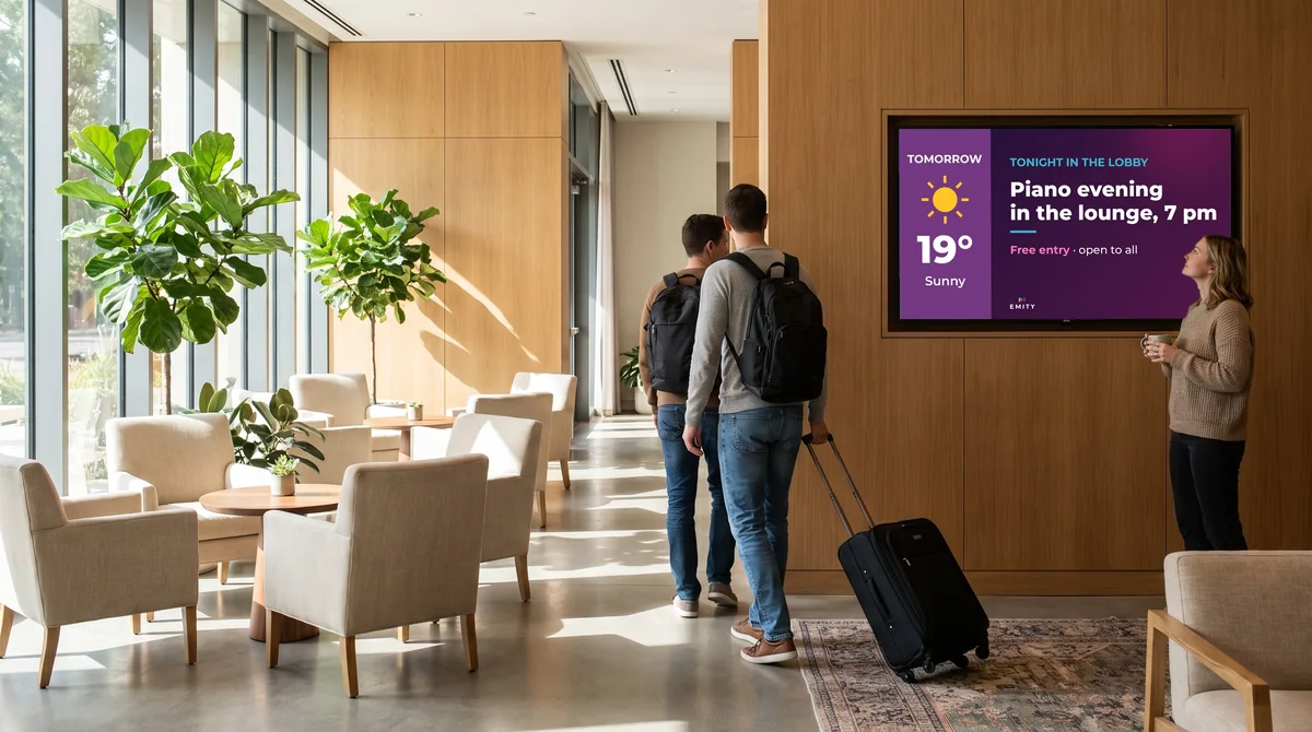 Travellers with their suitcase in a hotel lobby; a guest reads the wall screen announcing a piano evening in the lounge at 7 pm and tomorrow's weather