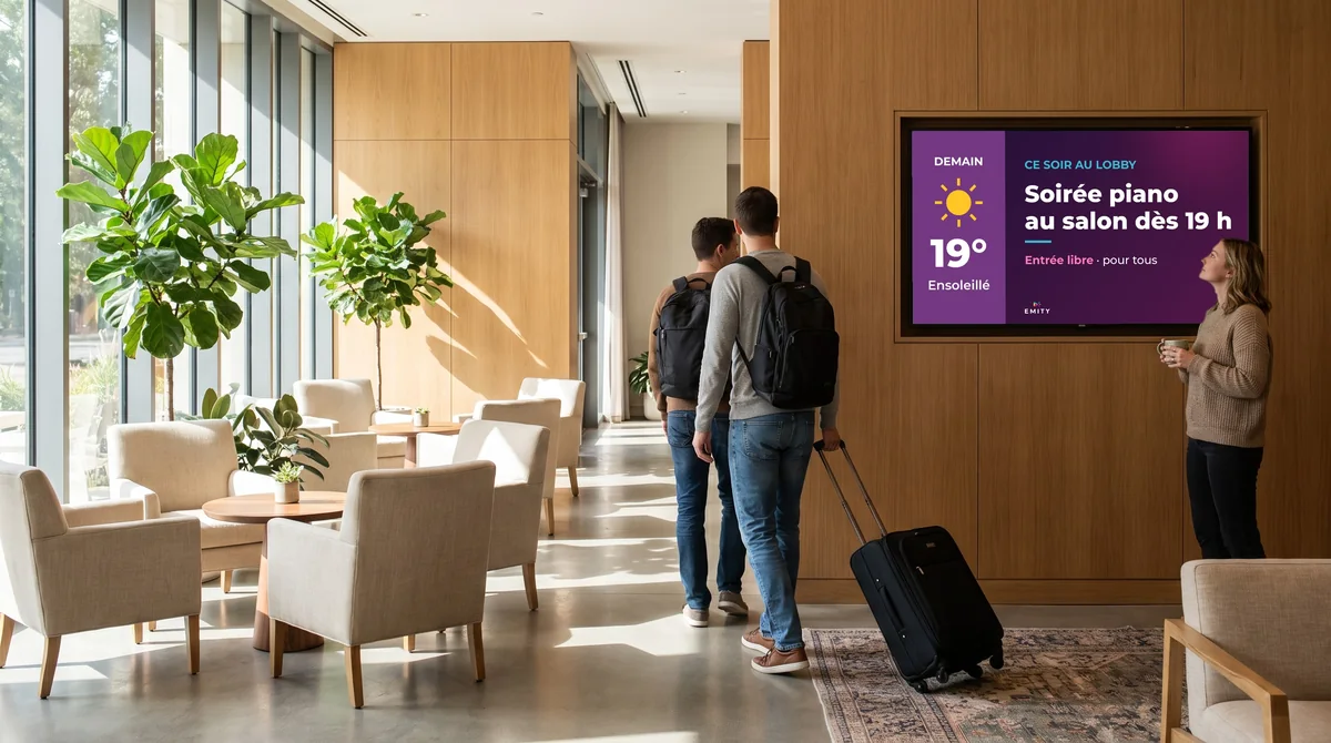Voyageurs avec leur valise dans le lobby d'un hôtel ; une cliente lit l'écran mural qui annonce une soirée piano au salon dès 19 h et la météo du lendemain