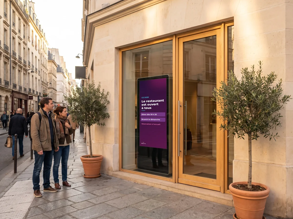 Couple qui s'arrête devant l'écran vertical en vitrine d'un hôtel : « Ce soir, le restaurant est ouvert à tous »