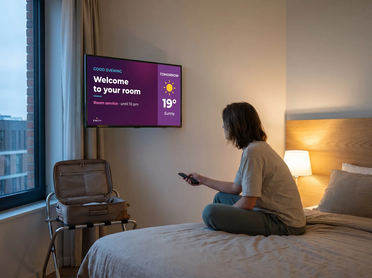 Guest sitting on the bed, remote in hand, in front of the room's TV showing “Welcome to your room”