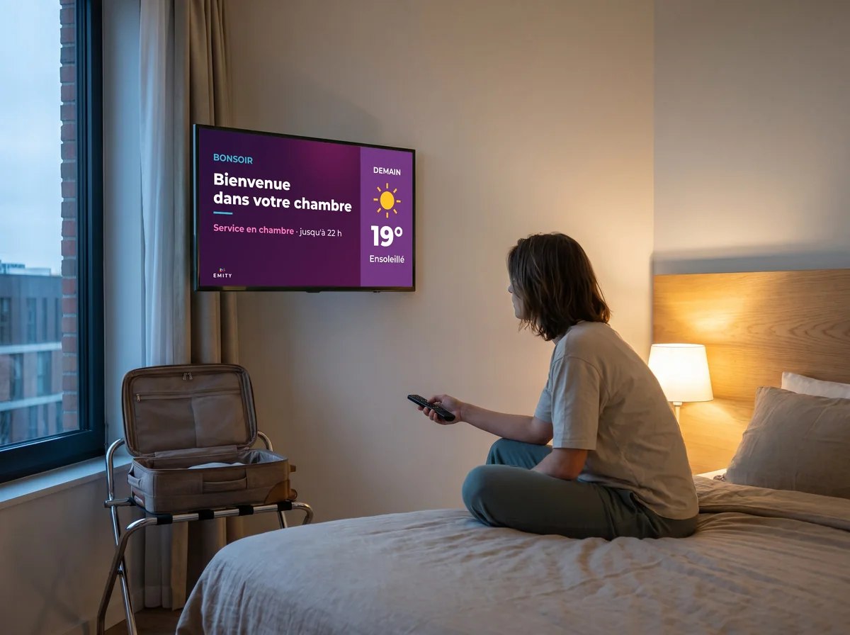 Cliente assise sur le lit, télécommande en main, devant le téléviseur de la chambre qui affiche « Bienvenue dans votre chambre »