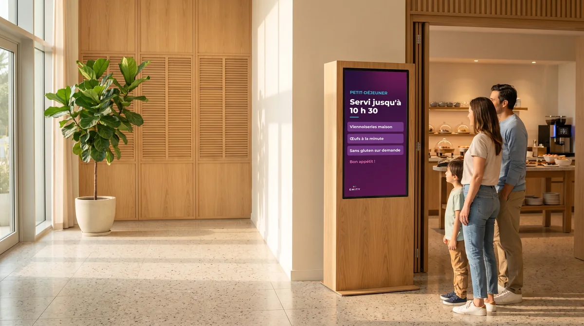 Famille devant le totem à l'entrée de la salle du petit-déjeuner : « Petit-déjeuner servi jusqu'à 10 h 30 »