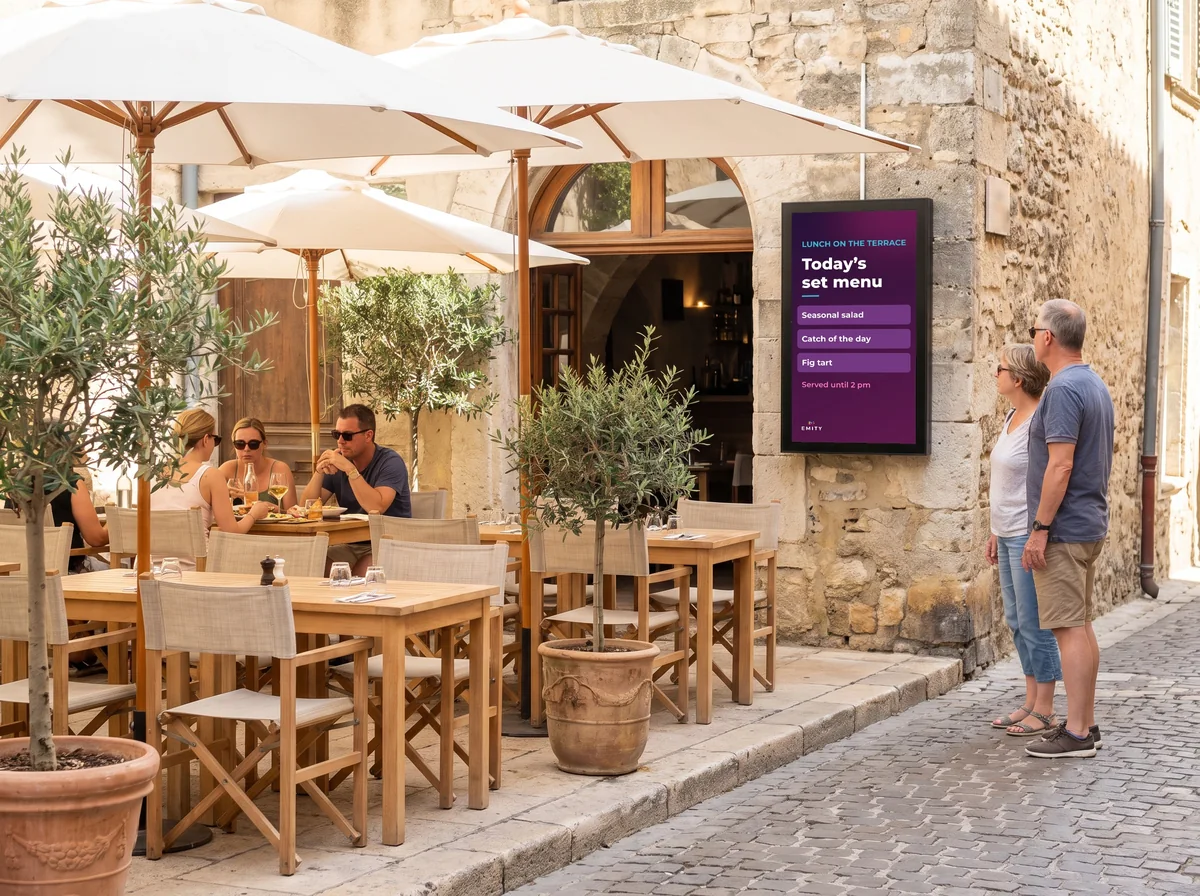 Couple reading the outdoor screen of a hotel terrace: “Lunch on the terrace, today's set menu”