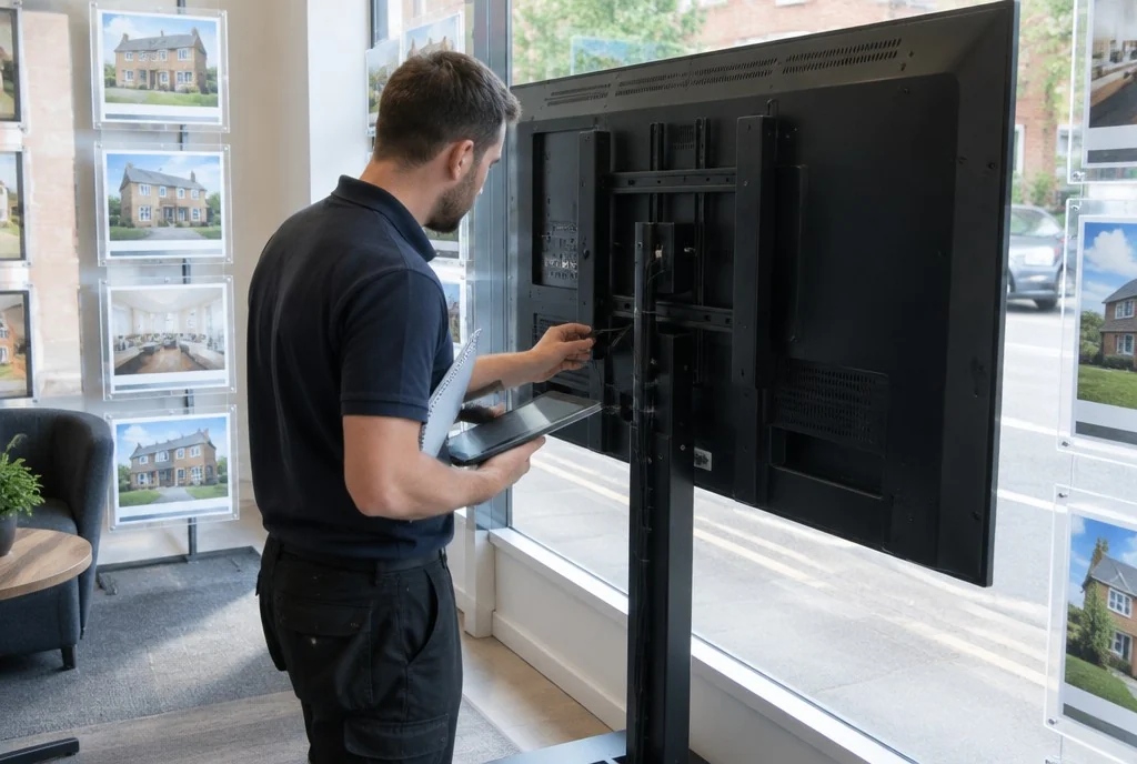 Technician surveying the position of a screen in an agency window, tablet in hand