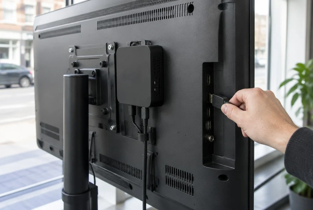 Dos d'un écran : le player E-BOX fixé au support, raccordé à l'écran